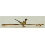 15ct gold & platinum Pheasant Brooch, 61cm wide, slight bend to bar. 3.