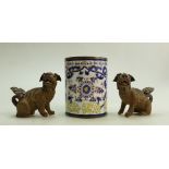 Pair of Earthenware Chinese 19th Century Lion Dogs and Cloisonne brush Pot: Pair of Lion dogs (9.
