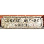 1920s cast iron Street Sign: Vintage cast iron street sign "Cooper Avenue South", 33 x 117cm.