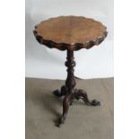 Victorian Burr Walnut Pie Crust Topped Carved Mahogany Tripod table: Height 72cm & diameter 52cm.