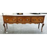 Geo. III Oak Dresser Base: 18th century 3 drawer oak dresser base on Cabriole legs.