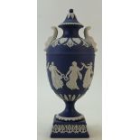 Wedgwood dark blue Jasperware Urn & cover: Wedgwood dark blue Jasperware Dancing Hours two handled