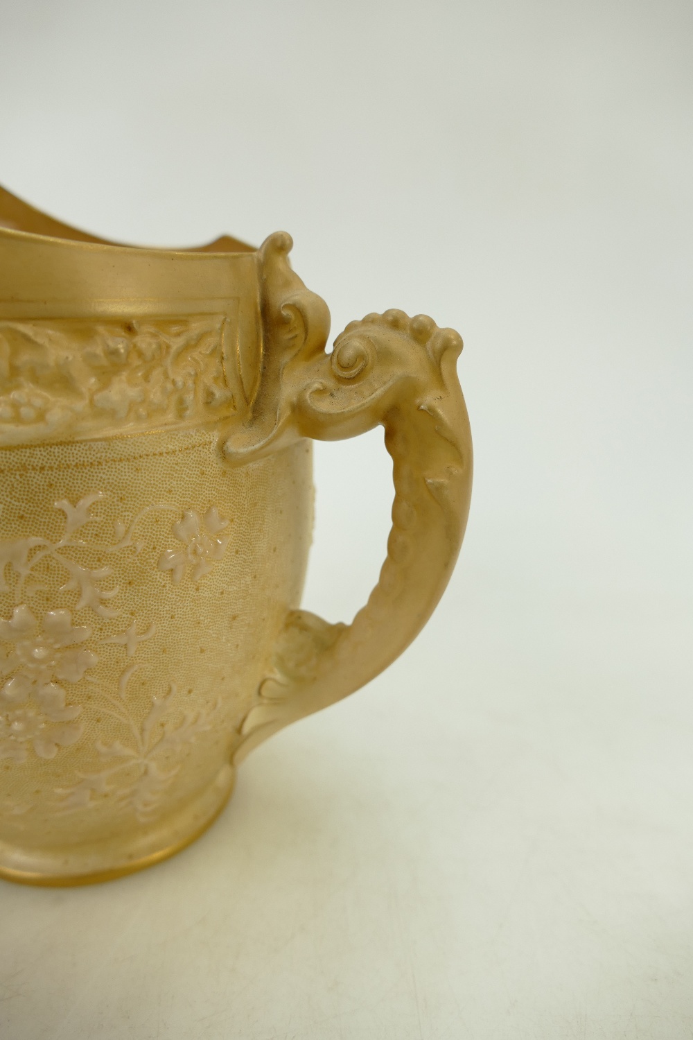 Doulton Burslem Jug: Doulton Burslem ewer decorated all around with flowers and mask head to spout, - Image 4 of 6