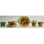 Aynsley collection of gilded fruit: Aynsley cups and saucers with fruit & small vase by N Brunt and