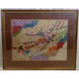 19th Japanese framed hand coloured Image of Court Scene: 47 x 63cm