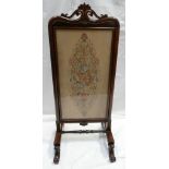 Early Victorian Rosewood Fire Screen : Floral Tapestry behind Glass to centre.