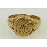 18ct gold Signet Ring: Gents signet ring, hallmarked 18ct, marks partially rubbed,