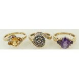 Three 9ct gold ladies Dress Rings: Three QVC 9ct ladies dress rings set with various coloured