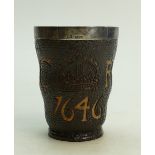 Royal Doulton Lambeth Stoneware Leatherware Beaker: With GR 1646 cipher, and silver rim London 1891.