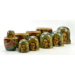 Russian hand painted wood set of 10 graduated boxes etc: Boxes painted with Russian shipping scenes
