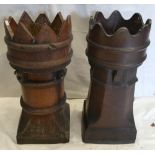 Two Vintage Chimney Pots: Two antique glazed terracotta castle top chimney pots, height 74cm.