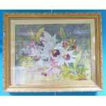 G Handley Oil painting of Orchids: G Handley painting dated 1899 in gilt frame, 57 x 44cm.