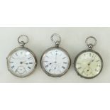 3 silver gents key wind open face Pocket Watches: Three key wind gents pocket watches, no keys,