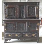 Period Oak Court Cupboard: With carving and date to upper most panel.