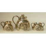 Chinese silver coloured metal Tea Set: Chinese silver 3 piece tea set, decorated with dragons,