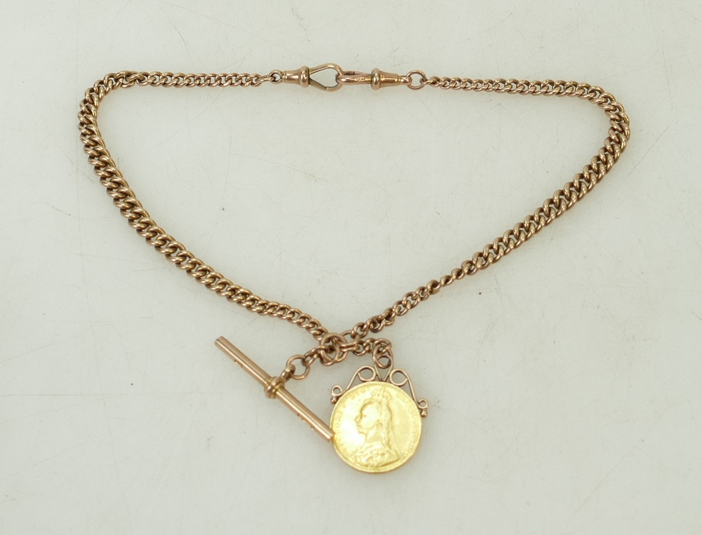 9ct Victorian Rose gold double Albert Chain & Sovereign: 9ct rose gold double Albert chain with - Image 5 of 5