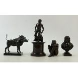 A collection of bronze Sculptures: Bronze figure of a woman on marble base, height 23cm,
