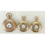 Pair mid size '14k gold stiffened' Half Hunter Pocket Watches + Benson watch: Three gold plated