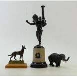 A collection of bronze Sculptures: Bronze figure of a Cupid holding a vase on base, height 36cm,