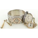 Silver ladies Bangle and Fob Watch etc: Ladies silver ornate fob watch,