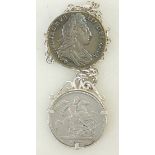 William III Crown 1700 mounted & George IV Crown Pendant & silver Chain: