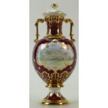 Royal Crown Derby two handled Vase & cover: Hand painted with Harewood House by Joan Lee,
