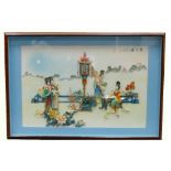1950's Oriental Specimen Framed Swatow Branded Shell cutting picture: Temple Scene with images of