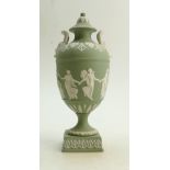 Wedgwood porcelain Sage Green Jasperware Lidded Urn with Dancing Hours Decoration: Height 28cm