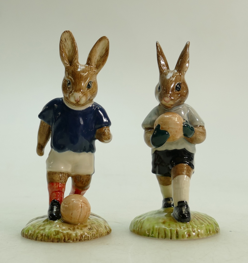Royal Doulton pair of Bunnykins footballer figures: Royal Doulton Bunnykins footballer figures
