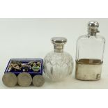 A collection of silver and costume Jewellery: Items to include silver topped hip flask and scent