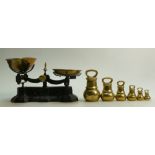 Wrought iron and brass Scales and weights: Wrought Iron and brass scale together with a set of