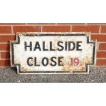 1920s cast iron Street Sign: Vintage cast iron street sign "Hallside Close", 34 x 68cm.