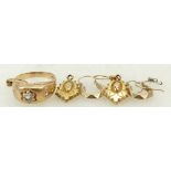 9ct gold gents ring and yellow metal earrings: A 9ct gold gents ring (slightly bent) and a pair of