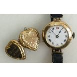 9ct gold ladies wrist watch (not working) & 9ct back & front locket: