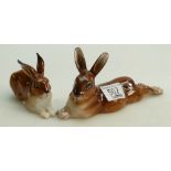 Royal Doulton Hares: Royal Doulton large stretched hare HN2593 (cracks to base and back) and seated