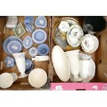 A mixed collection of Wedgwood Jasperware items including: vases, pin trays,