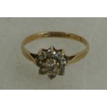 9ct gold diamond cluster ring, size J, 1.3 grams.