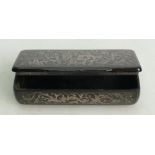 Continental larger size bone snuff box: Finely inlaid with silver, some losses to silver,