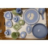 A collection of Blue & Sage Green Jasper ware items to include: vases, pin trays,