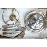 Large silver plated pan and spirit burner on stand, together with plated fish servers,