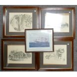 Group of black & White prints: together with coloured print of 'Benvenue' Passenger ship.