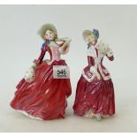 Royal Doulton lady figures: Autumn Breezes HN1934 and Christmas Morn HN1992.