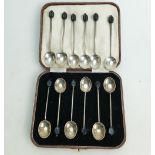 2 x sets of 6 silver bean end coffee spoons: Gross weight 85g, one set cased.