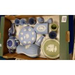 A collection of Wedgwood jasperware: various coloured Wedgwood jasperware including plates, dishes,