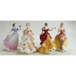 Royal Doulton Lady Figures: Belle HN3703, Sarah HN2280, Sweet Poetry HN4113 and Rose HN3799,