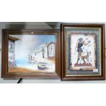 Decorative pictures: oil painting of coastal scene and decorative print in frame.