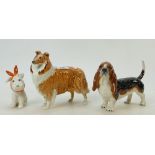 Beswick dogs: Beswick bassat hound 2045A, Collie 1791 and small comical toothache dog.