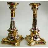 Pair Royal Crown Derby 1128 Imari Patterned Candlesticks: hairline and nip noted to upper to both