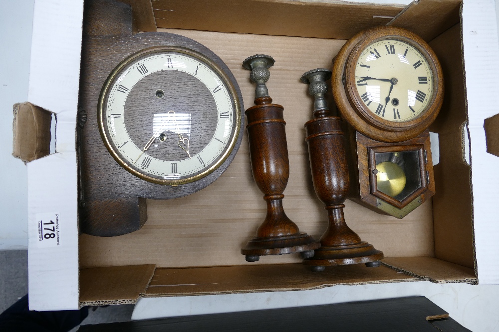 Art Deco Oak Mantle Clock: together with presented drop dial clock & similar candlesticks