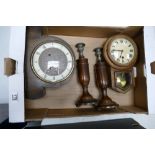 Art Deco Oak Mantle Clock: together with presented drop dial clock & similar candlesticks